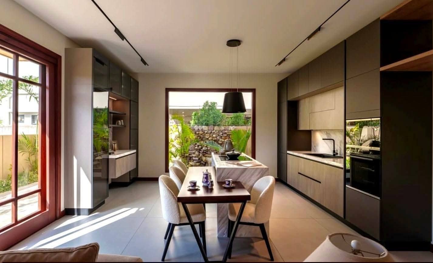 Imported Italian kitchen opening to a planted light well