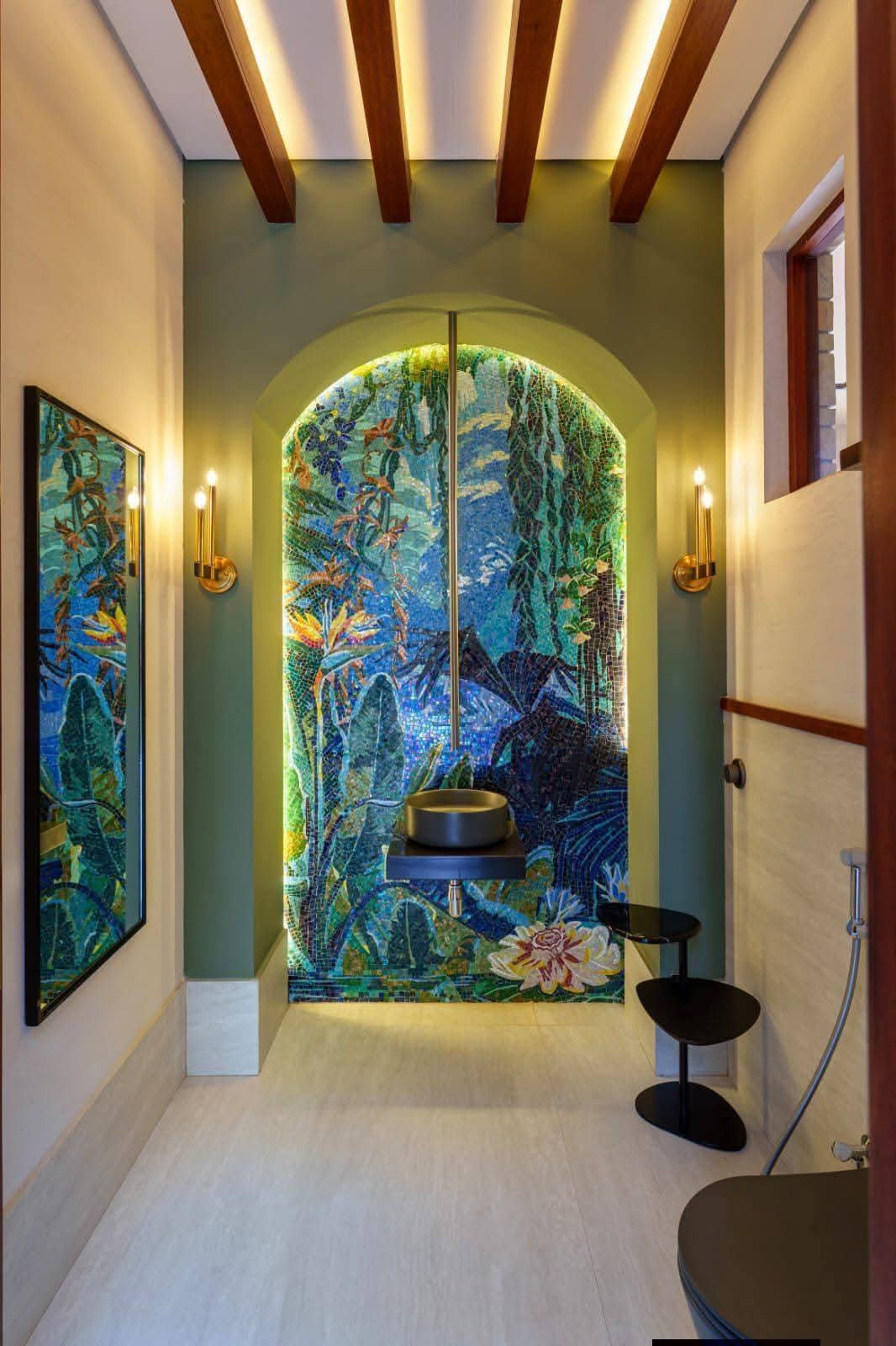 Powder room with hand-set glass mosaic wall
