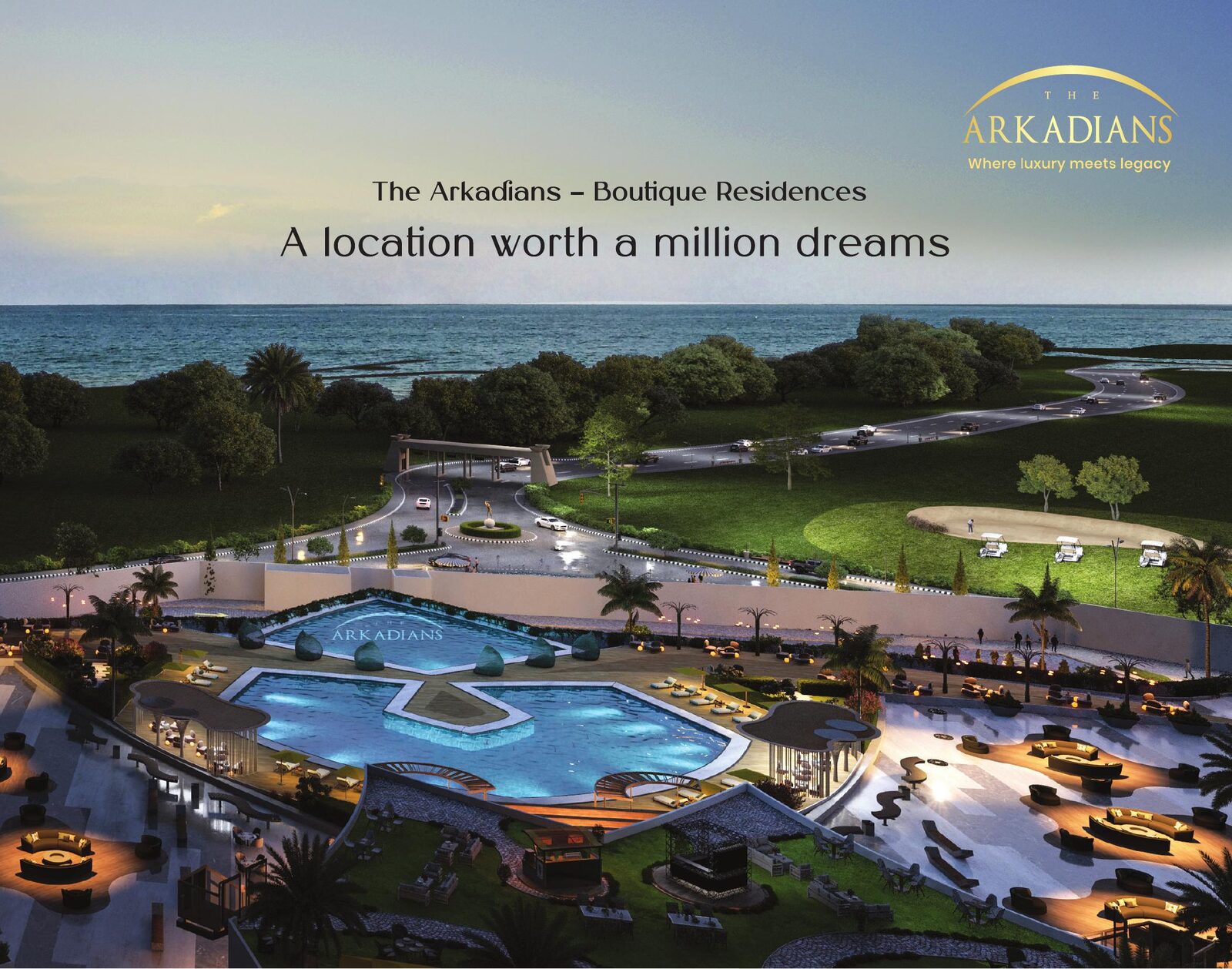 Aerial view of The Arkadians towers and marina, DHA Phase 8