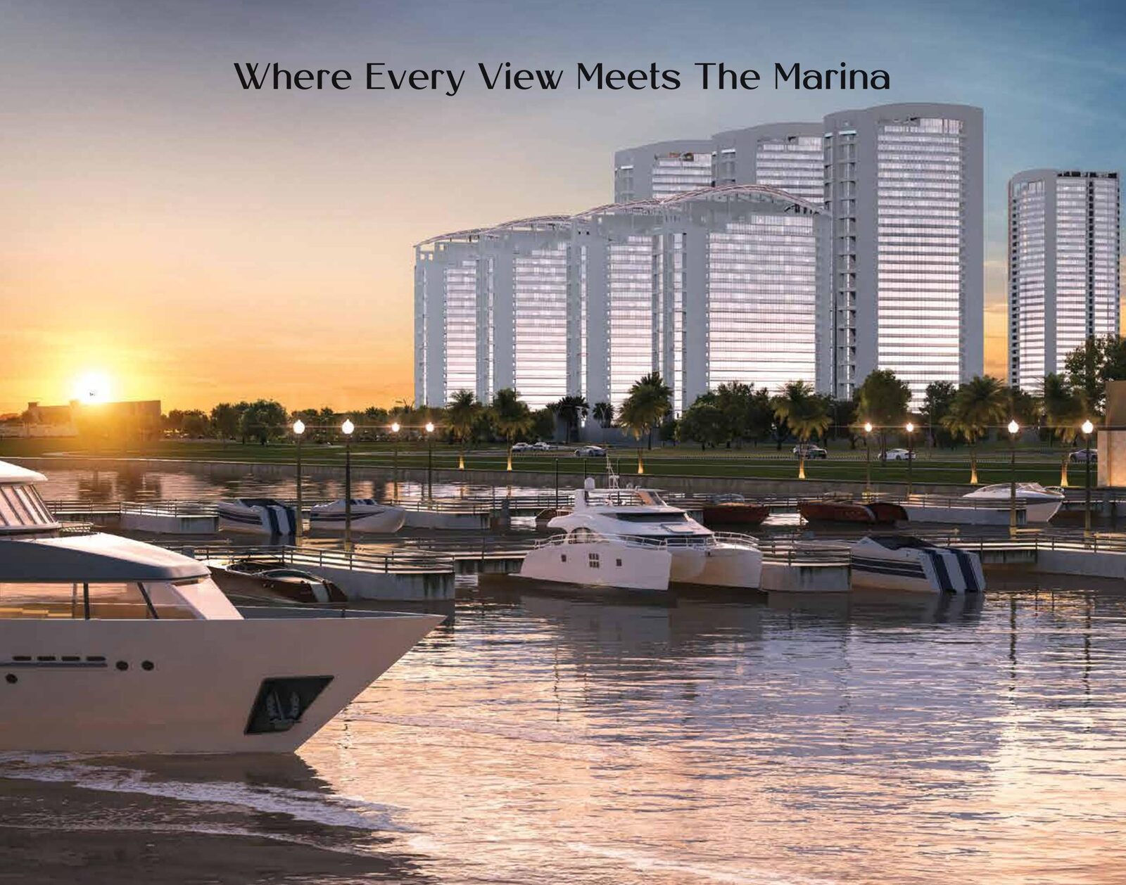 Marina and yacht view of The Arkadians at sunset