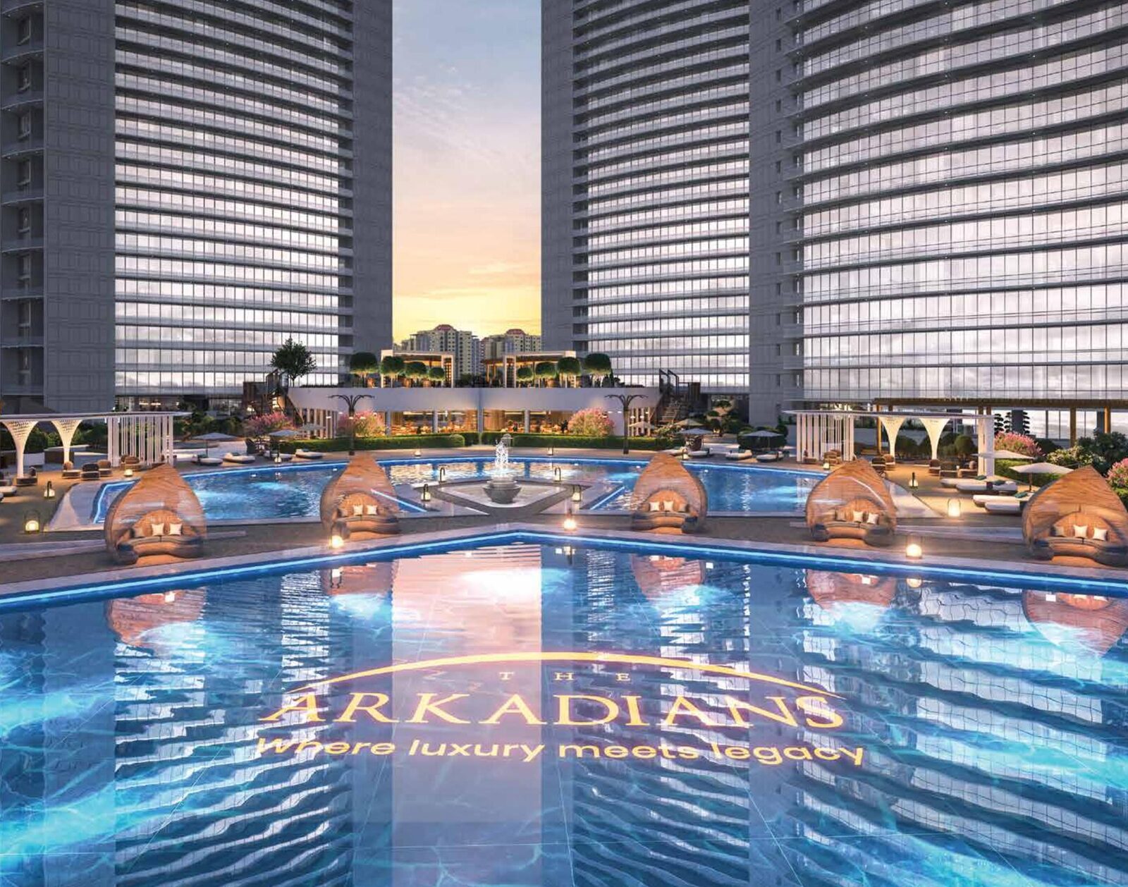 Infinity-edge sea-facing pool at dusk, The Arkadians