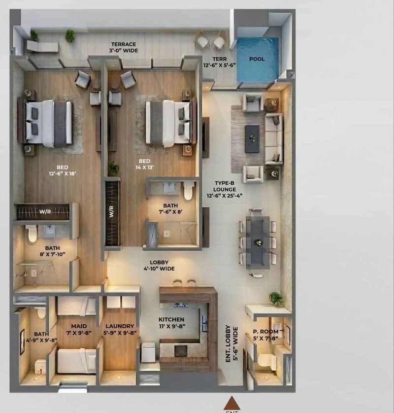 2 Bed + Maid · Type B