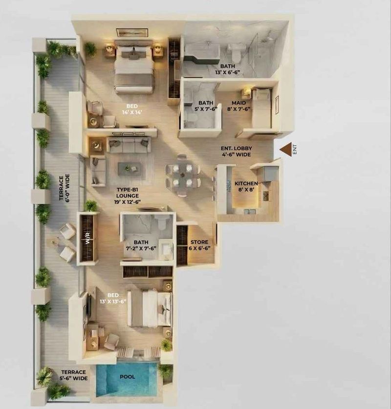 2 Bed + Maid · Type B1