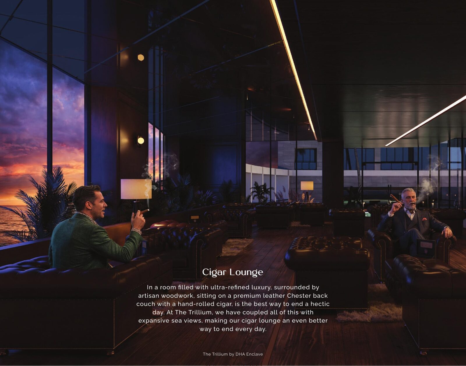 Cigar lounge with sea views at dusk
